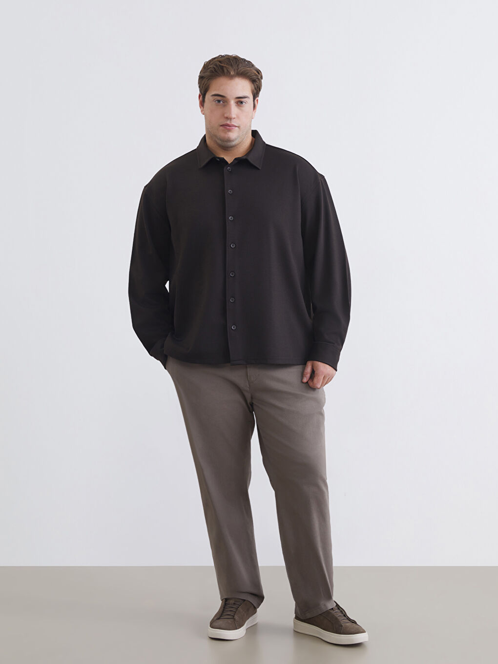 Kahverengi Büyük Beden Regular Fit Uzun Kollu Erkek Gömlek-5