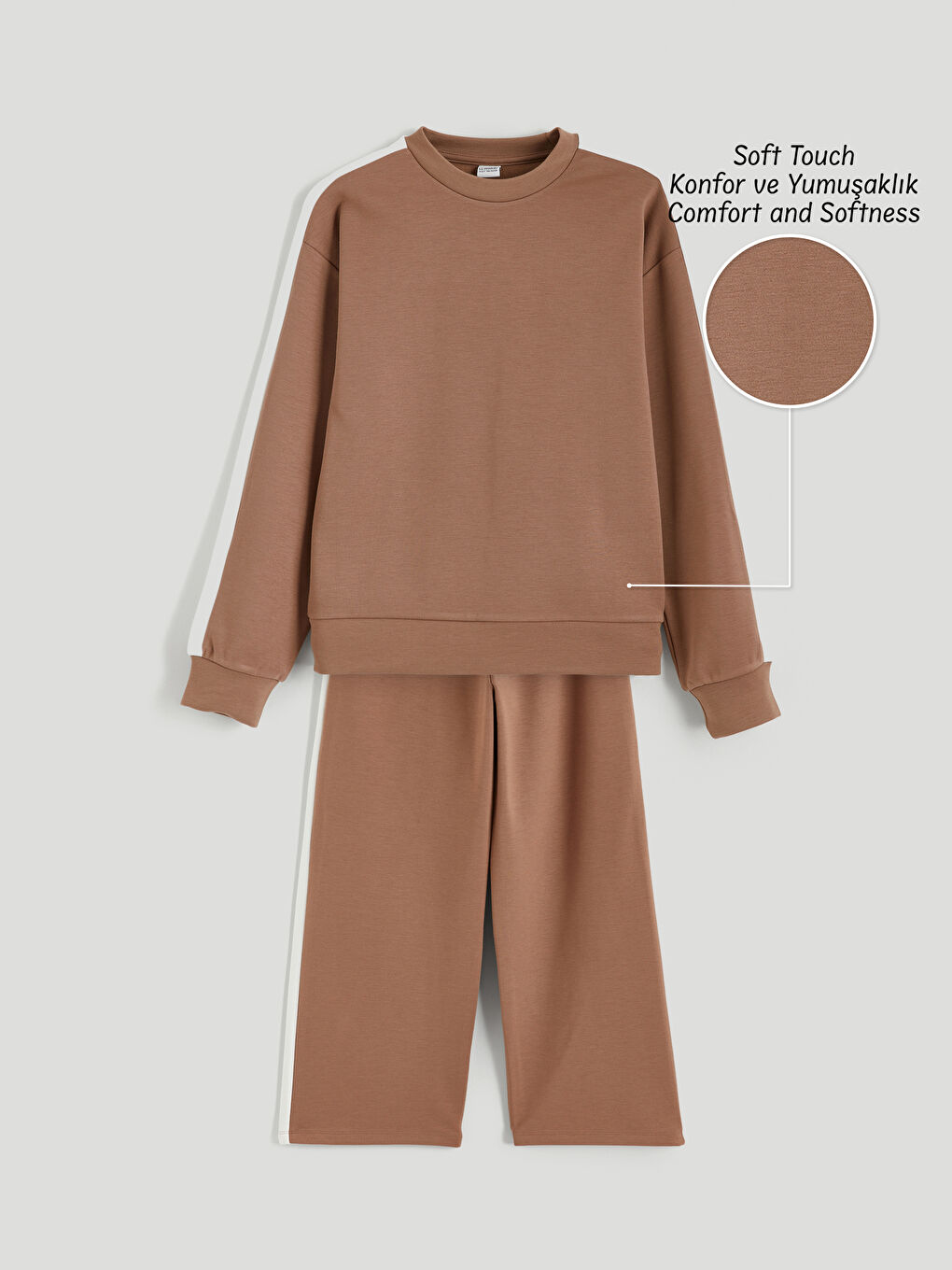 Kahverengi Bisiklet Yaka Kız Çocuk Soft Touch  Sweatshirt ve Eşofman Altı