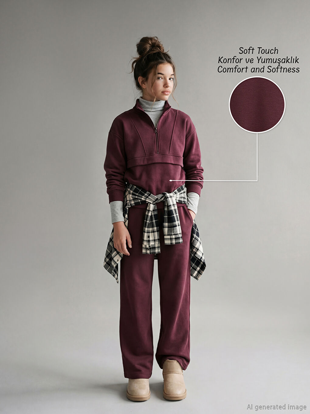 Комплект от суитшърт с висока яка и меко докосване и спортни панталони за момичета