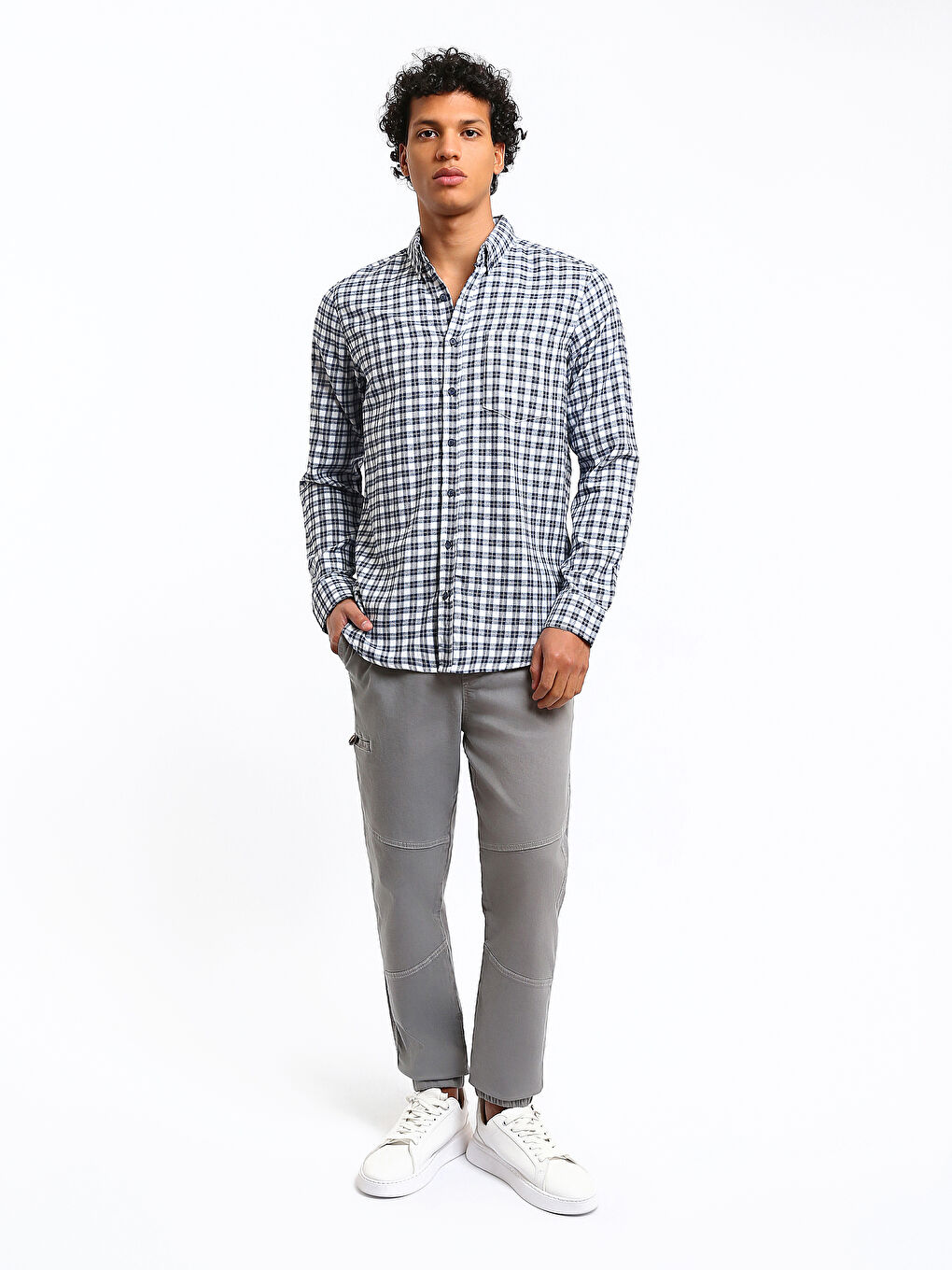 قميص كاروهات كم طويل عادي للرجال-1