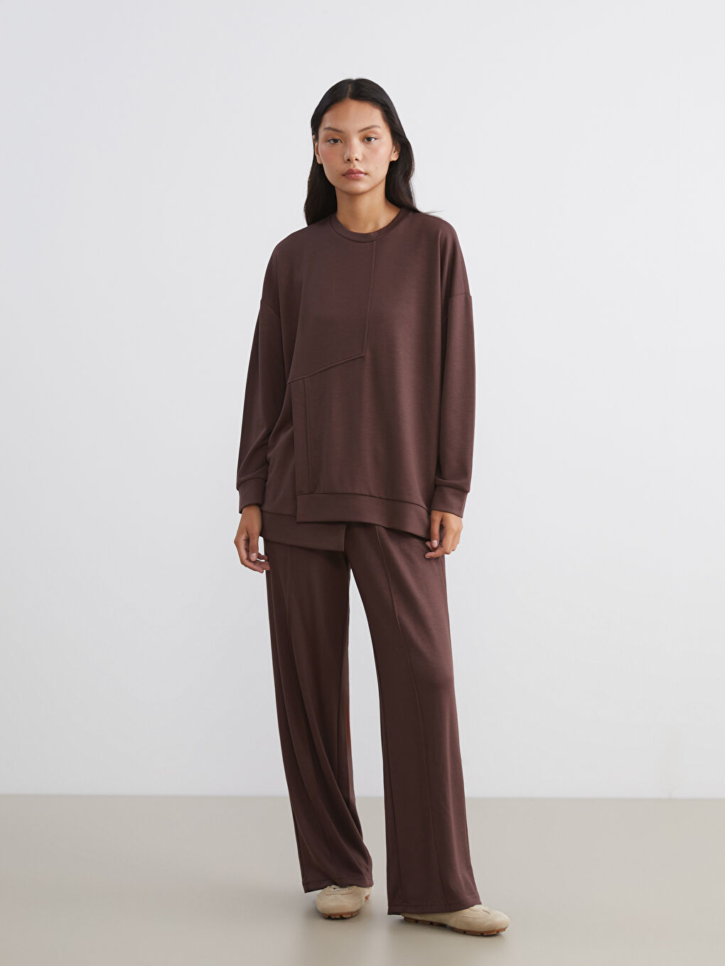 Kahverengi Bisiklet Yaka Kadın Sweatshirt-1