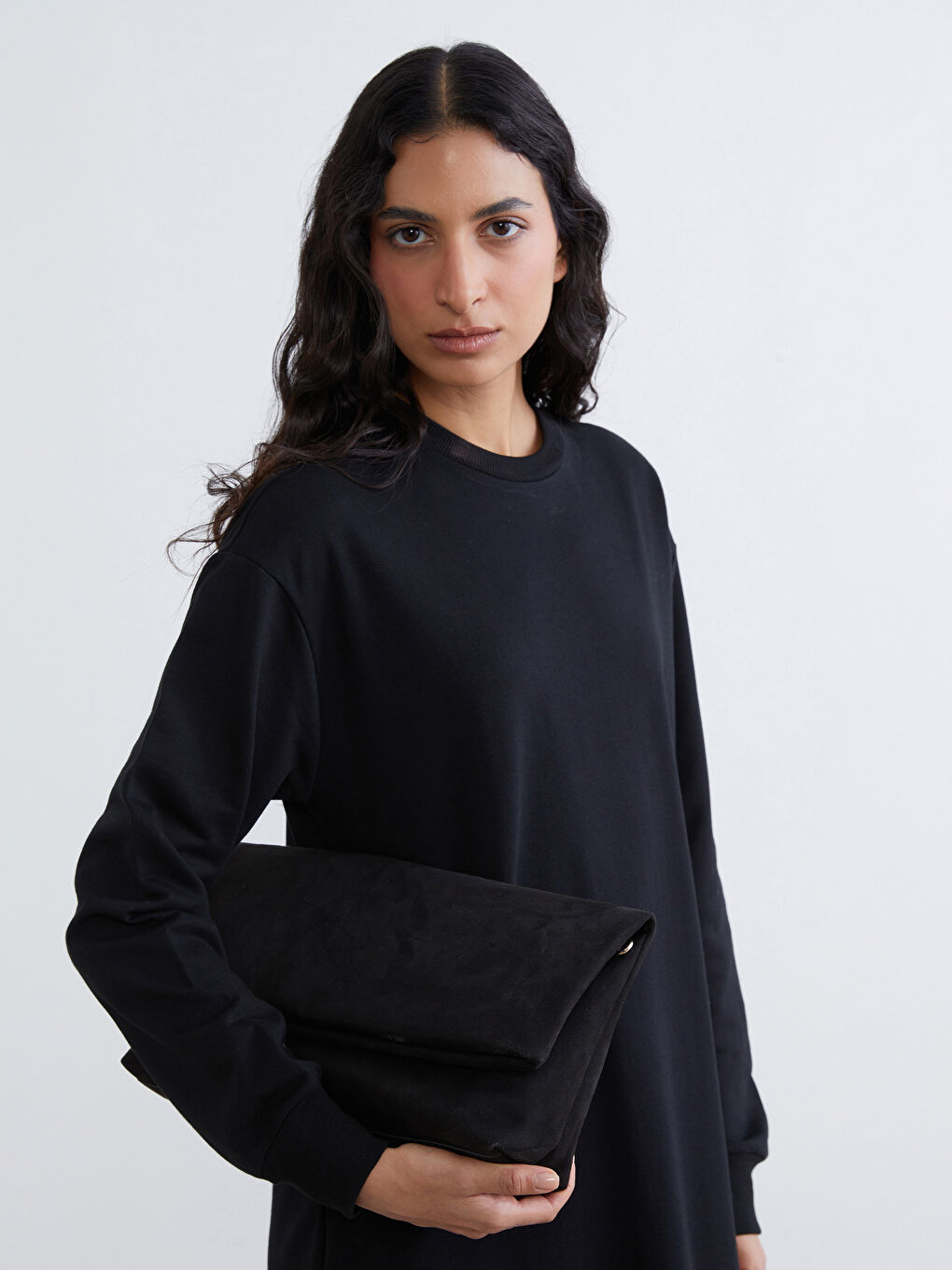 Siyah Bisiklet Yaka Sweat Elbise-1