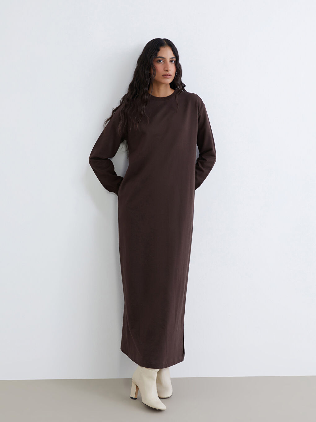 Kahverengi Bisiklet Yaka Sweat Elbise