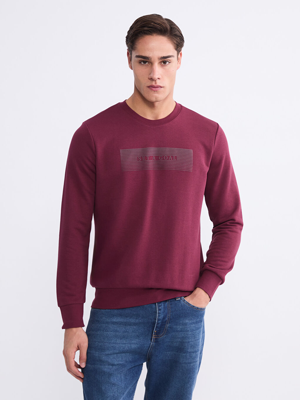 Bordo Bisiklet Yaka Baskılı Erkek Sweatshirt