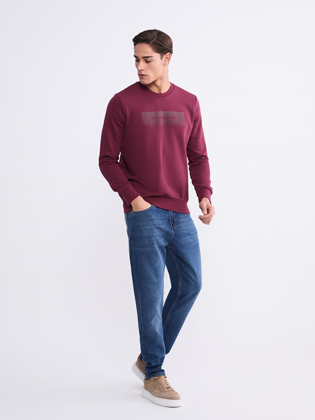 Bordo Bisiklet Yaka Baskılı Erkek Sweatshirt-1