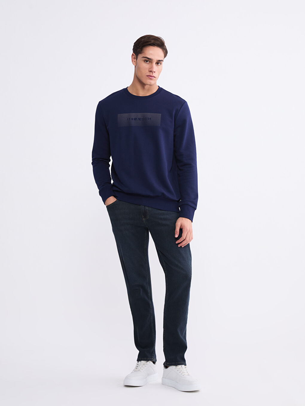 Lacivert Bisiklet Yaka Baskılı Erkek Sweatshirt-1