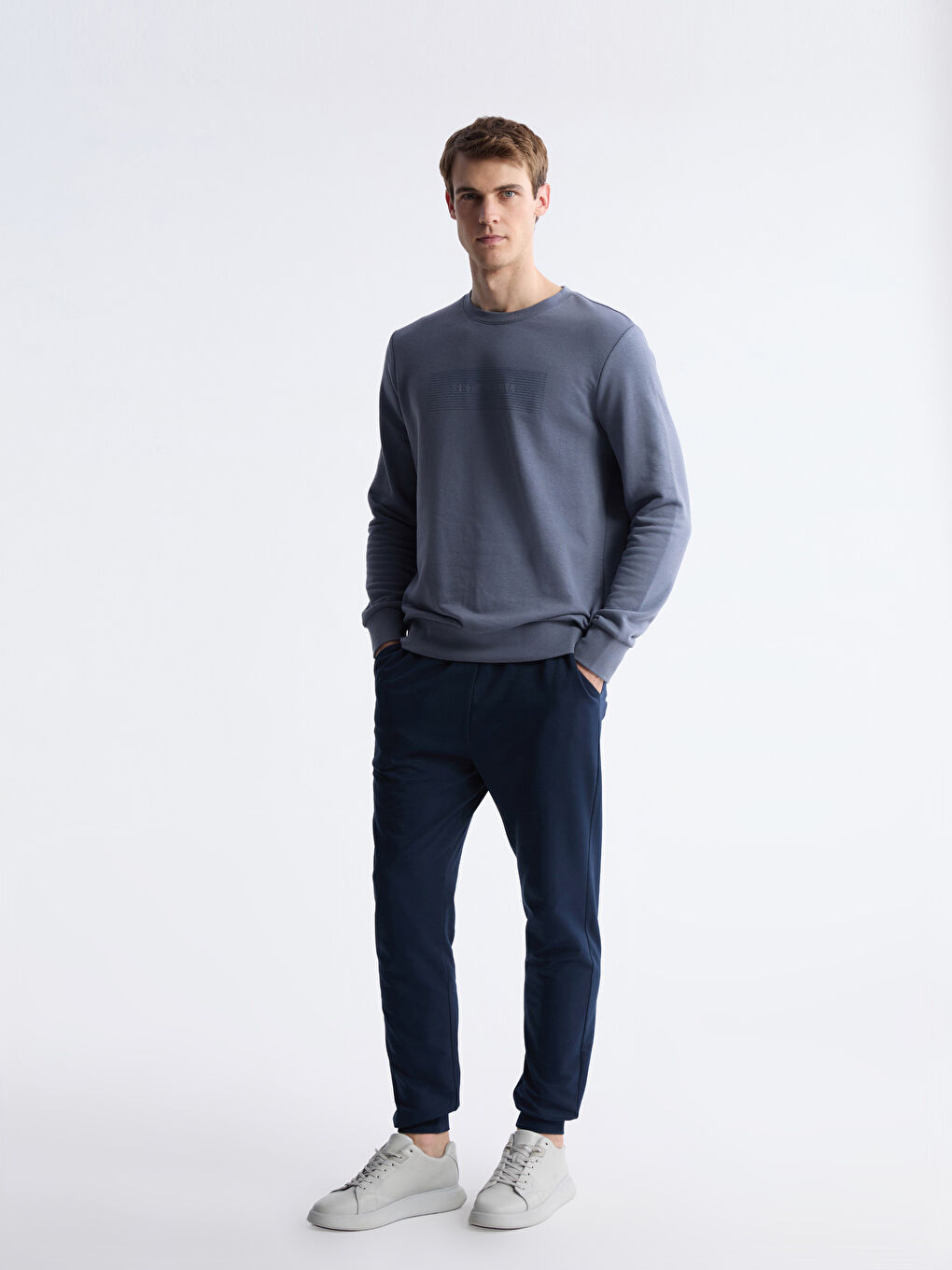 İndigo Bisiklet Yaka Baskılı Erkek Sweatshirt