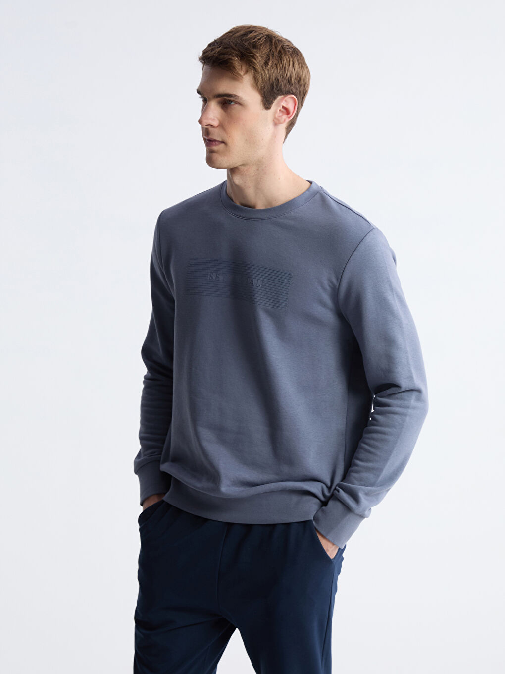 İndigo Bisiklet Yaka Baskılı Erkek Sweatshirt-1