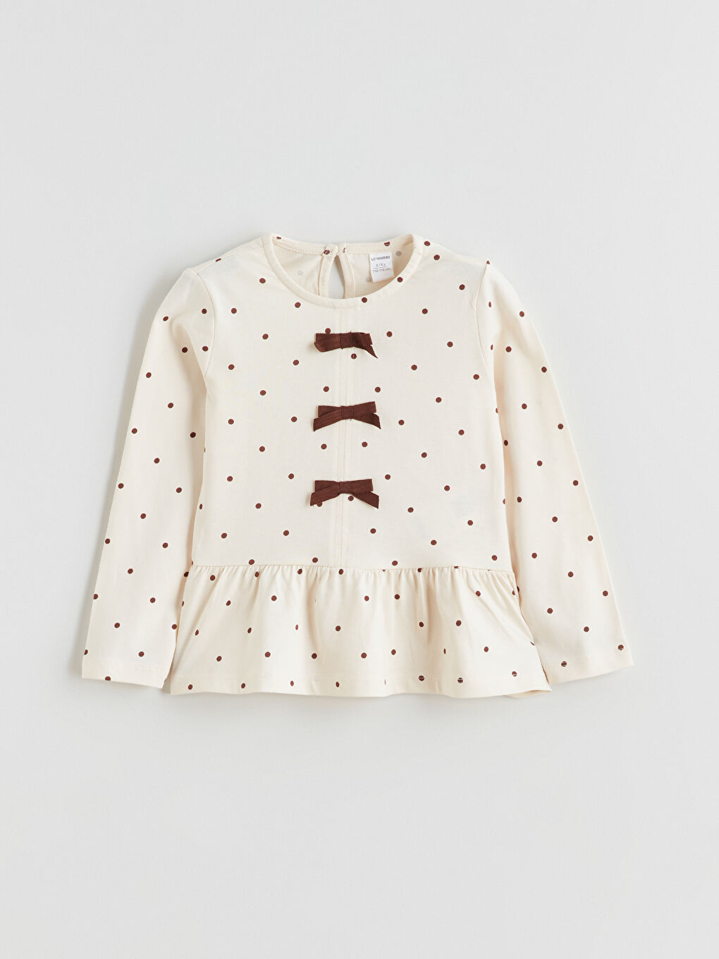 Ekru Bisiklet Yaka Fiyonk Detaylı Kız Çocuk Tişört