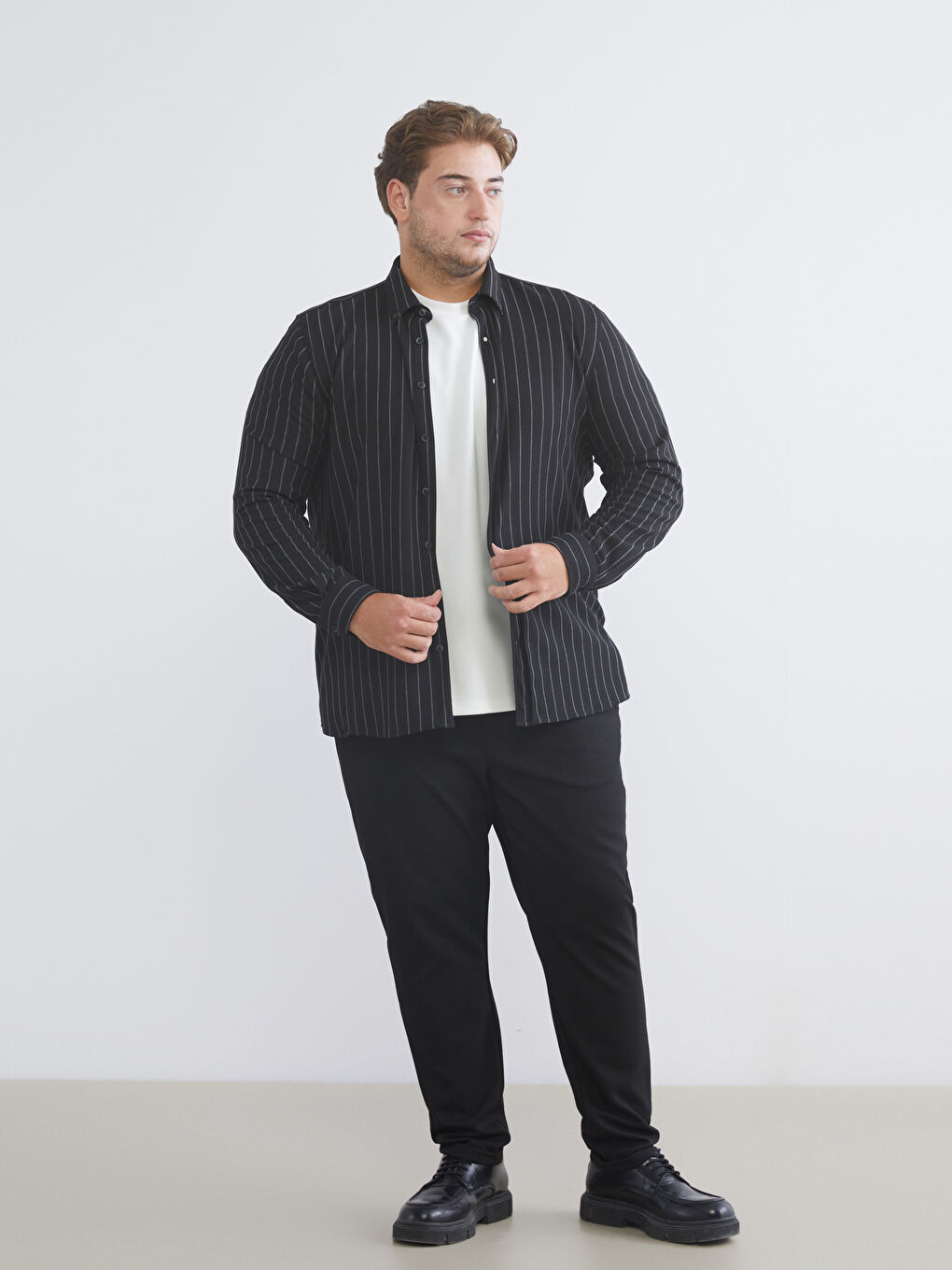 Plus Size Slim Fit Long Sleeve Striped Men’s Shirt-1