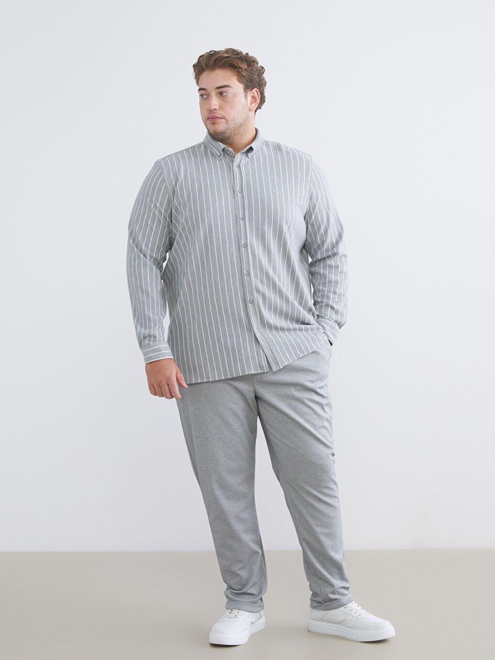 Gri Büyük Beden Slim Fit Uzun Kollu Çizgili Erkek Gömlek-1