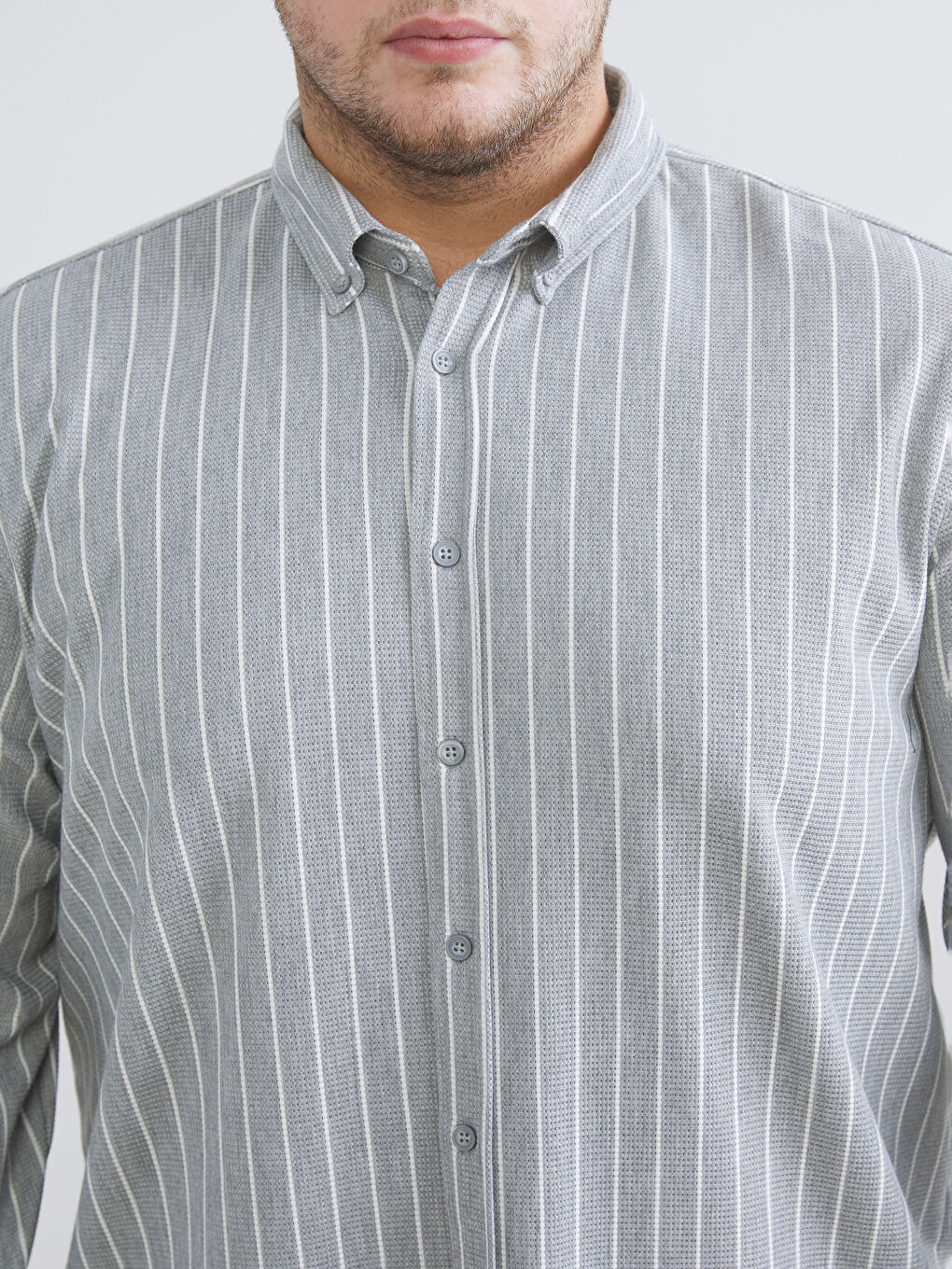 Gri Büyük Beden Slim Fit Uzun Kollu Çizgili Erkek Gömlek-2