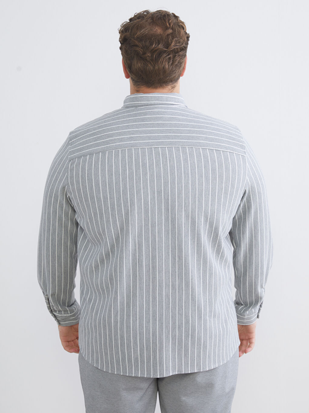 Gri Büyük Beden Slim Fit Uzun Kollu Çizgili Erkek Gömlek-3