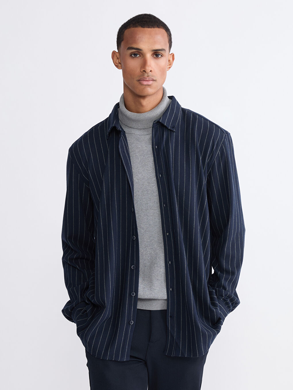 Plus Size Slim Fit Long Sleeve Striped Men’s Shirt