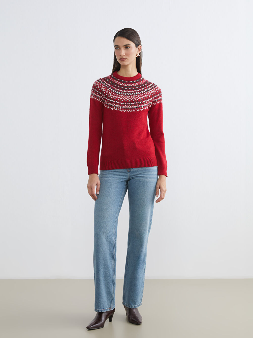 Kırmızı Bisiklet Yaka Desenli Kadın Triko Kazak-1