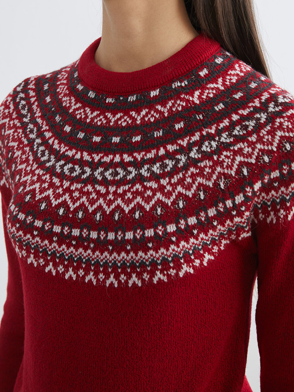 Kırmızı Bisiklet Yaka Desenli Kadın Triko Kazak-2