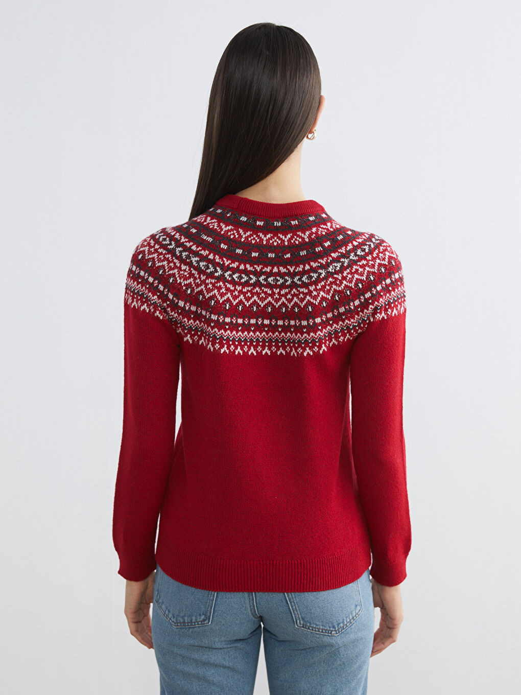 Kırmızı Bisiklet Yaka Desenli Kadın Triko Kazak-3