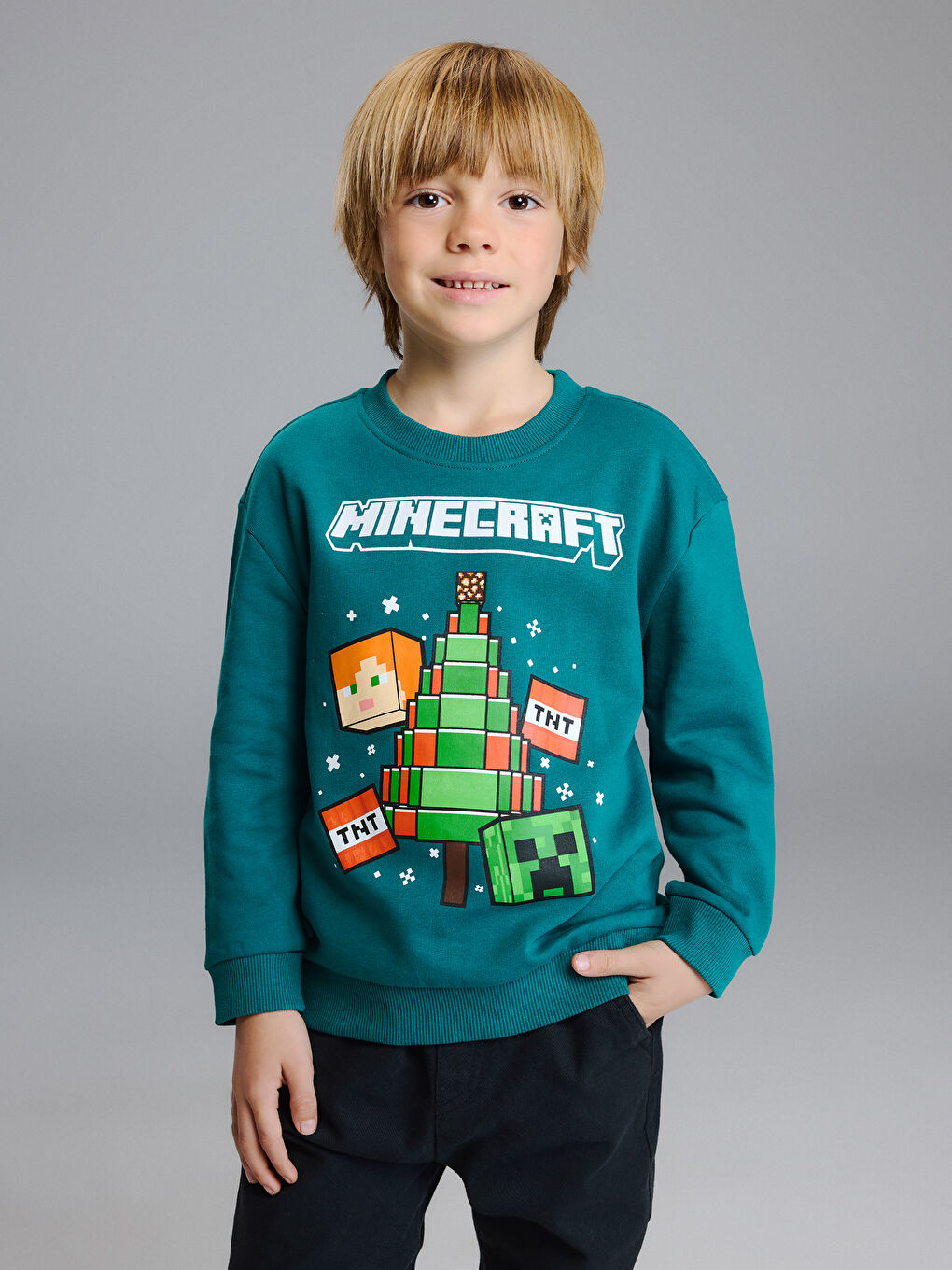 Yeşil Bisiklet Yaka Minecraft Baskılı Erkek Çocuk Sweatshirt