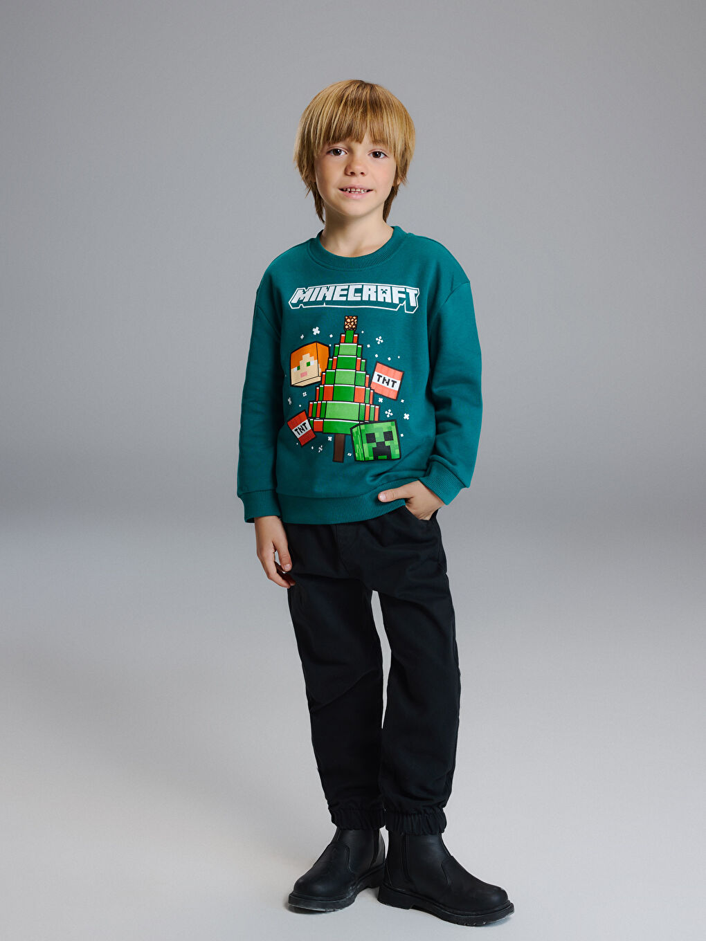 Yeşil Bisiklet Yaka Minecraft Baskılı Erkek Çocuk Sweatshirt-1