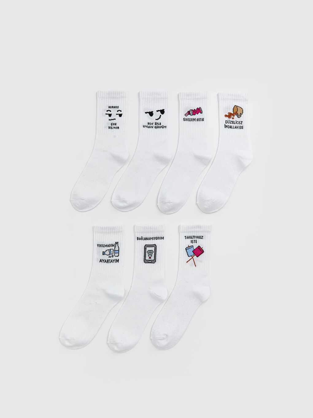 Beyaz Desenli Kız Çocuk Soket Çorap 7'li
