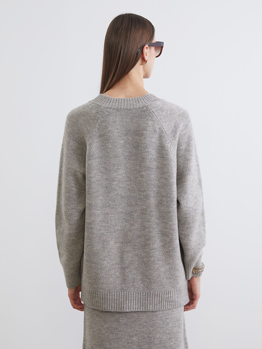 Bej V Yaka Kadın Triko Kazak-3