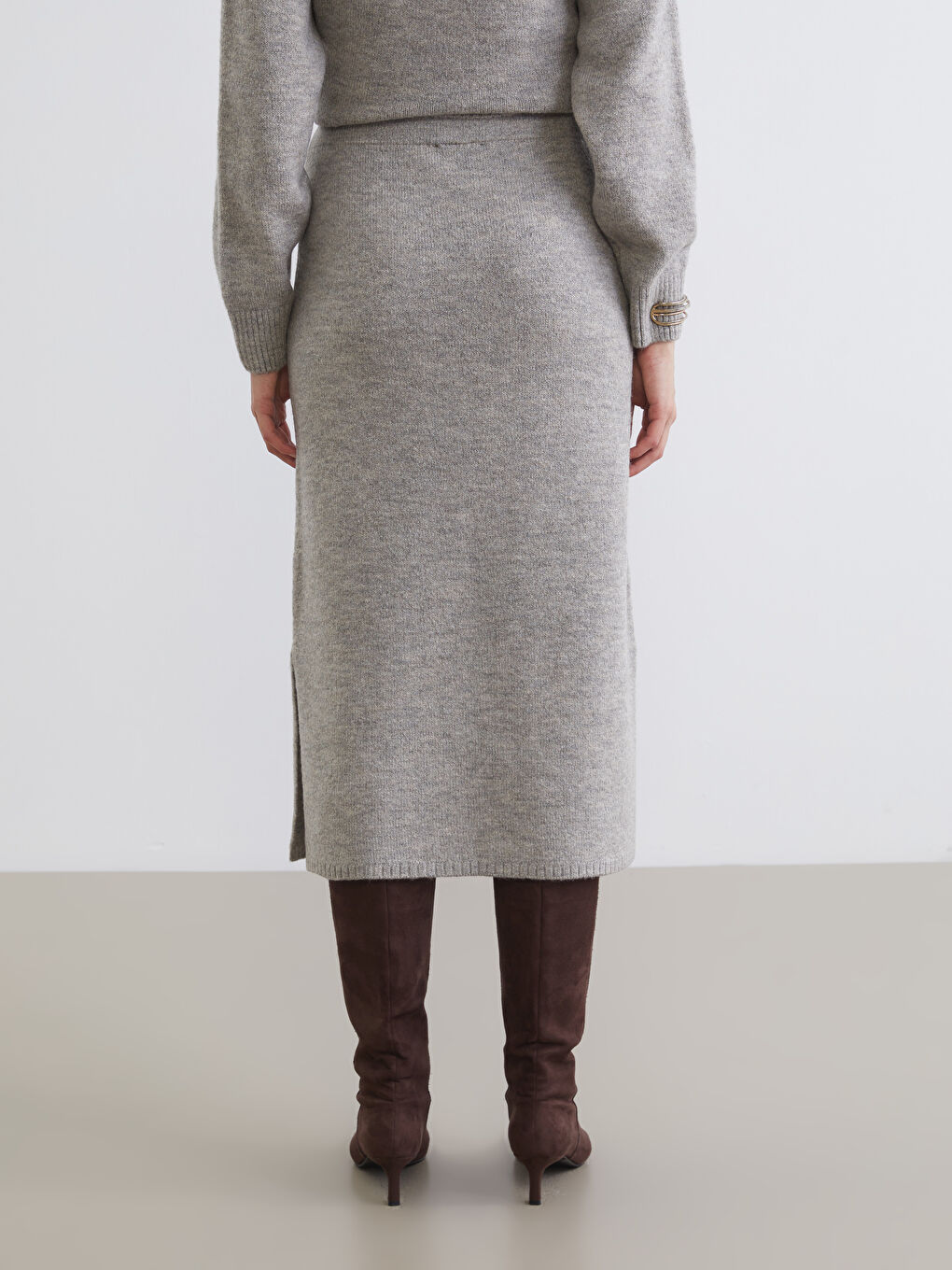 Bej Beli Lastikli Triko Etek-3