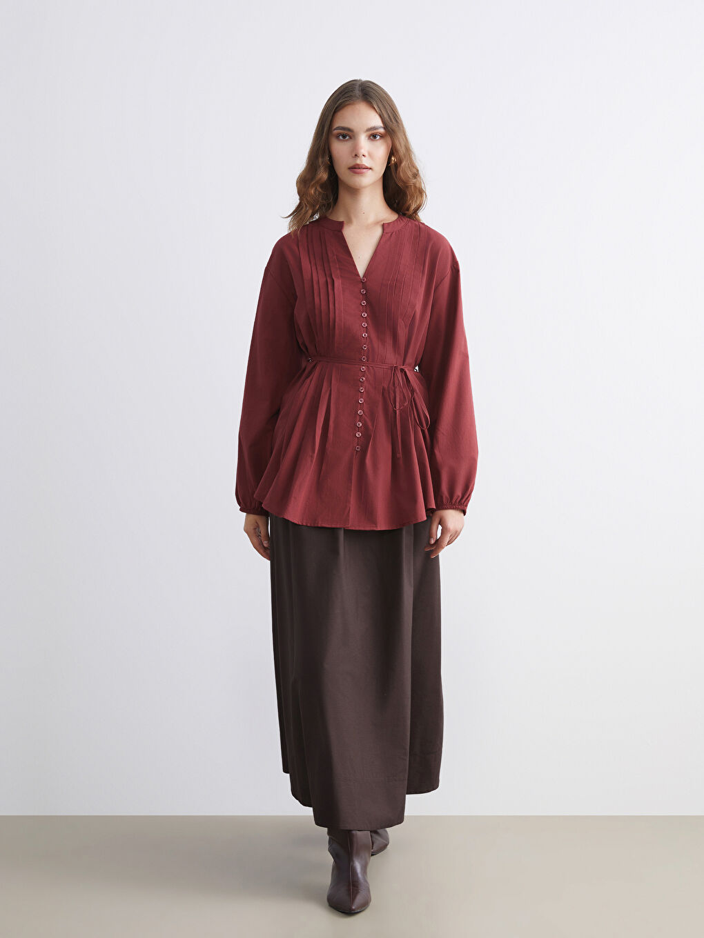 Bordo Kaçık Yaka Kuşaklı Kadın Gömlek Tunik-1