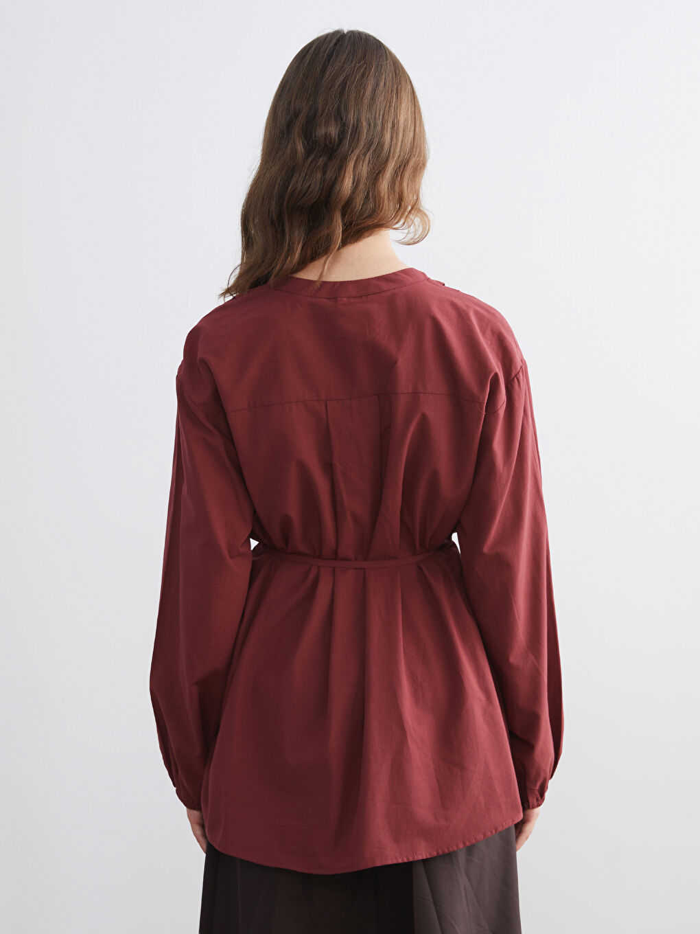 Bordo Kaçık Yaka Kuşaklı Kadın Gömlek Tunik-3
