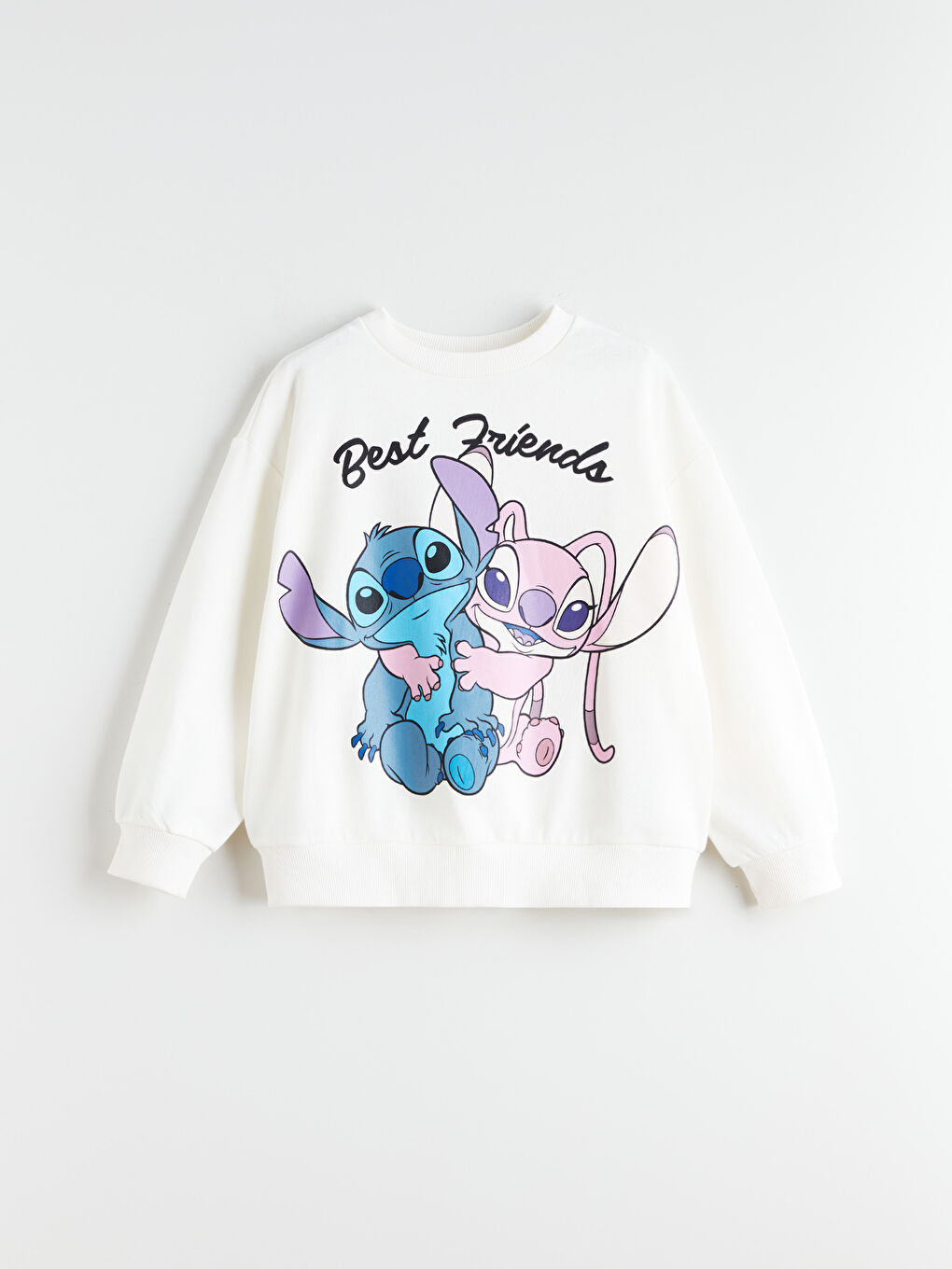 Ekru Bisiklet Yaka Stitch ve Angel Baskılı Kız Çocuk Sweatshirt