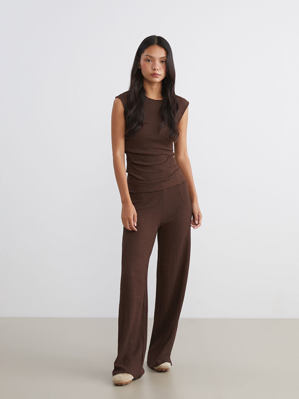 Elasticated Waist Textured Wide Leg Women's Trousers