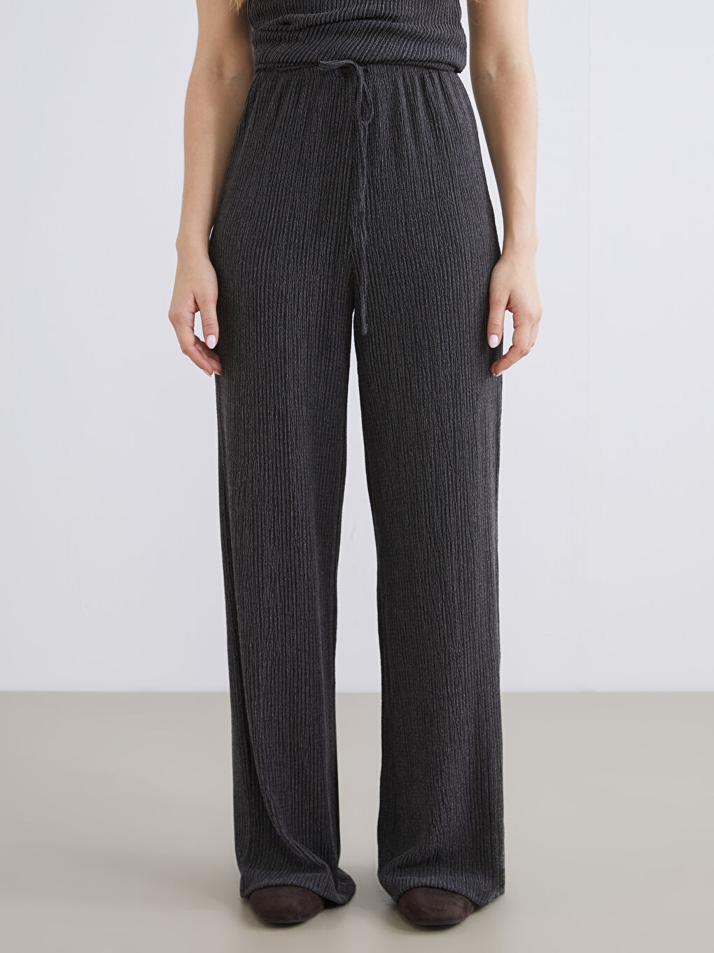 Elasticated Waist Textured Wide Leg Women's Trousers-1