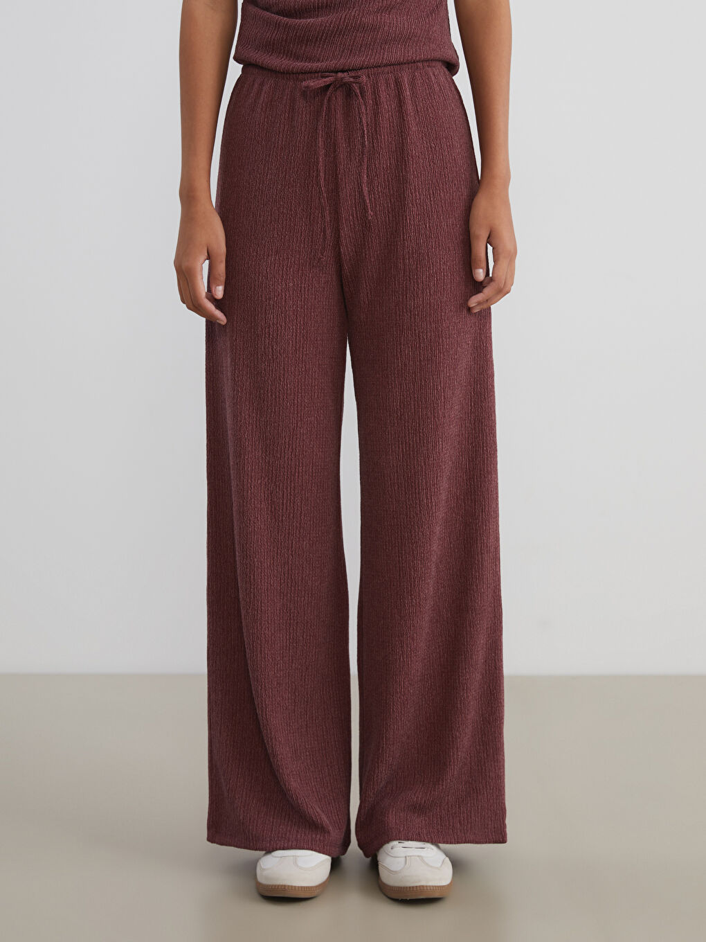 Elasticated Waist Textured Wide Leg Women's Trousers-1