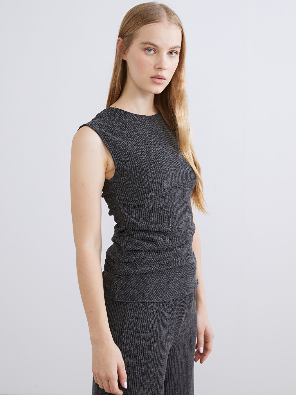 Crew Neck Textured Ruched Blouse