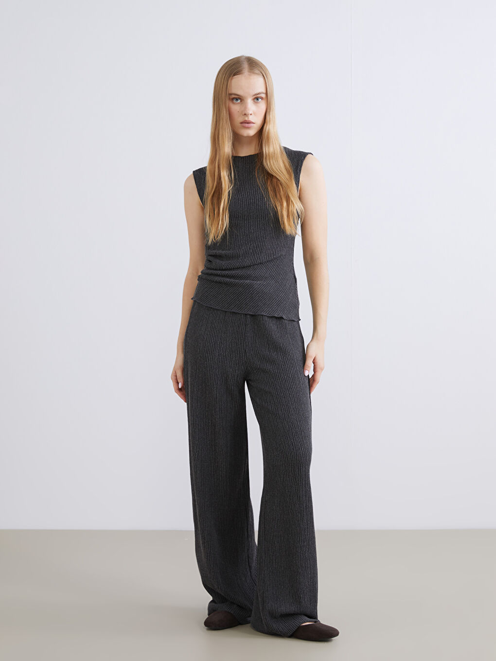 Crew Neck Textured Ruched Blouse-1