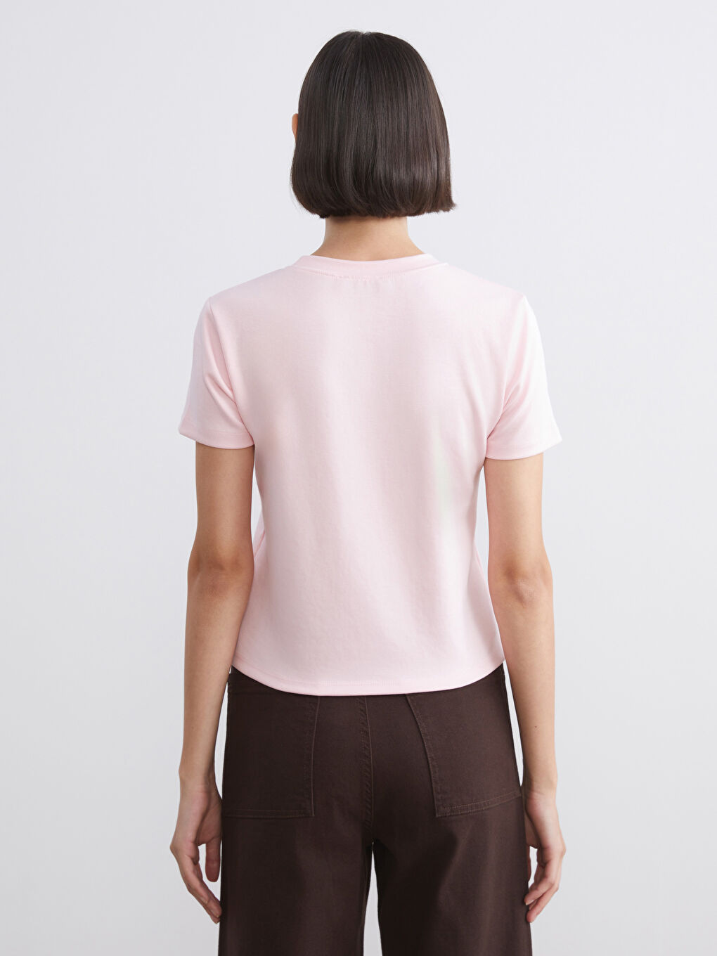 Pembe Bisiklet Yaka Kadın Tişört-3