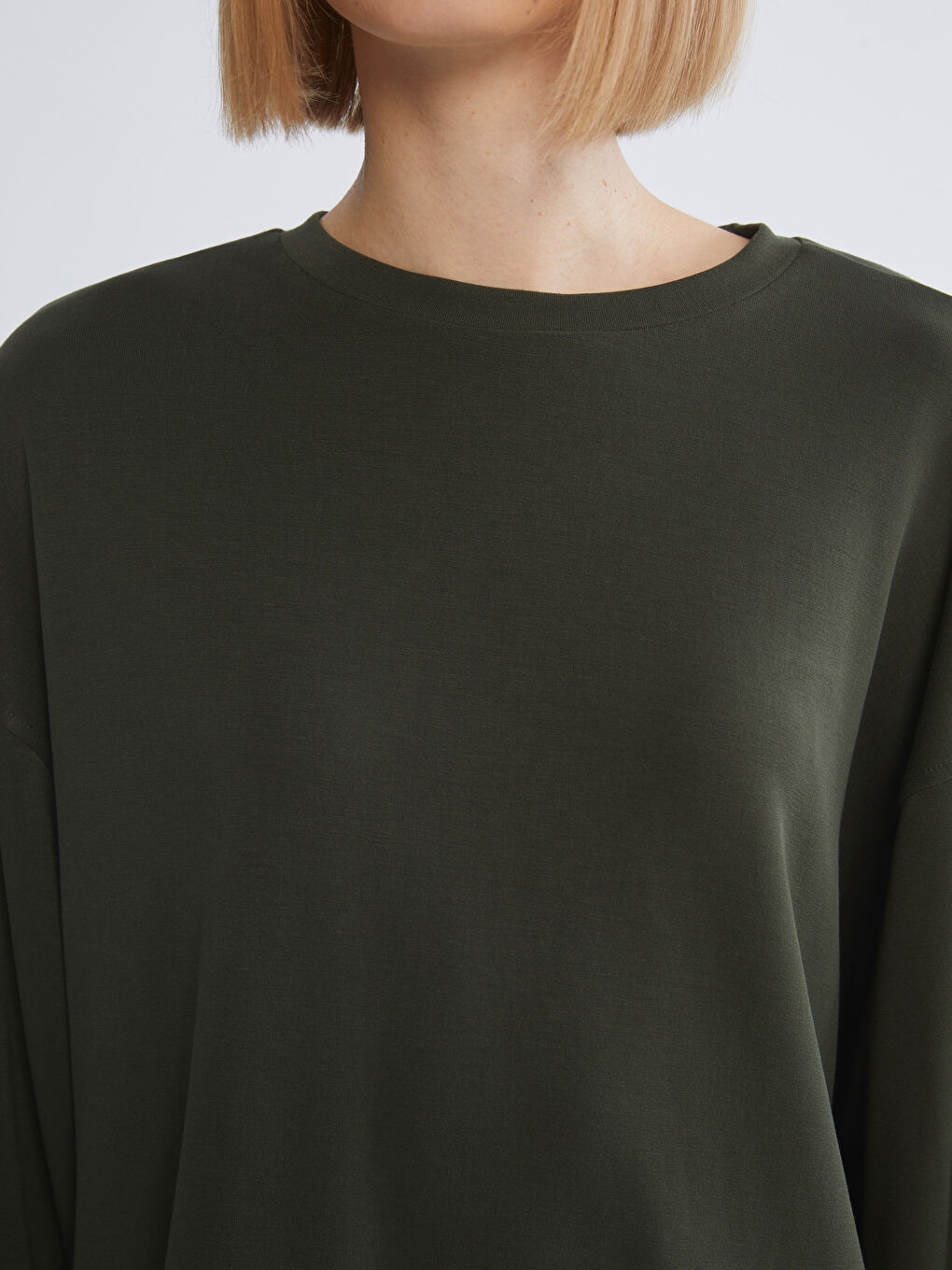 Haki Bisiklet Yaka Oversize Kadın Sweatshirt-2