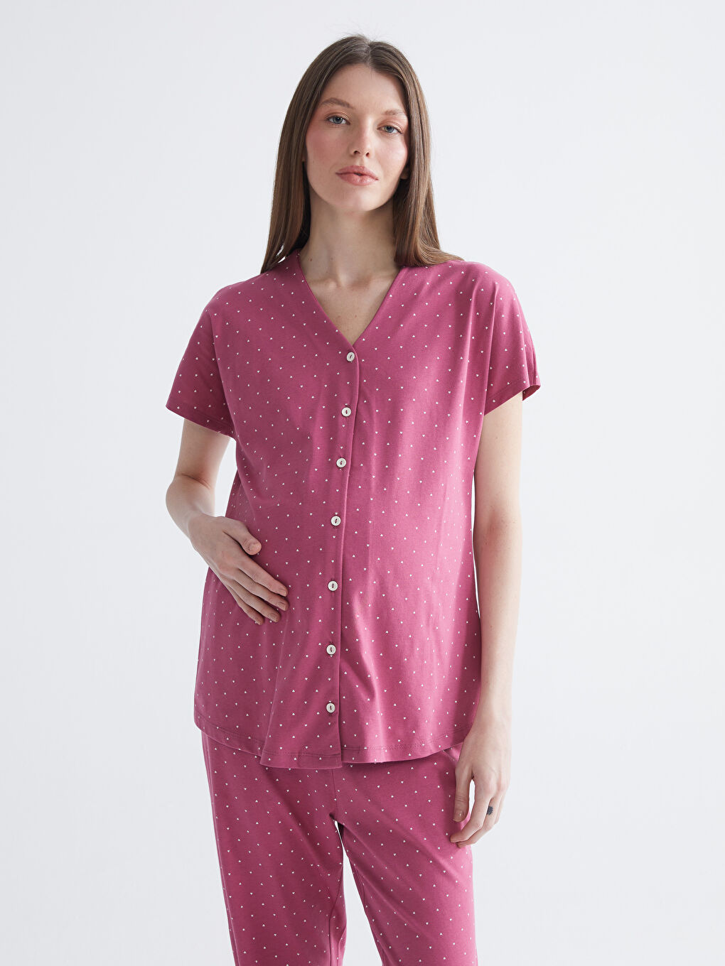 Bordo V Yaka Desenli Hamile Pijama Takımı-1