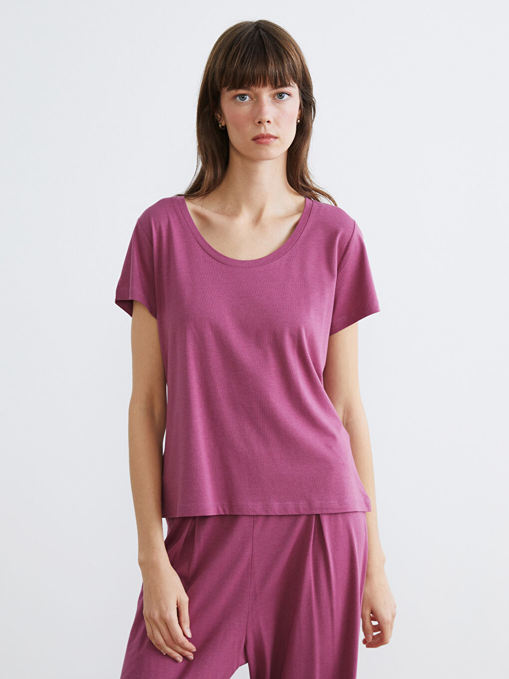 Mürdüm U Yaka Modal Karışımlı Kadın Pijama Takımı-1