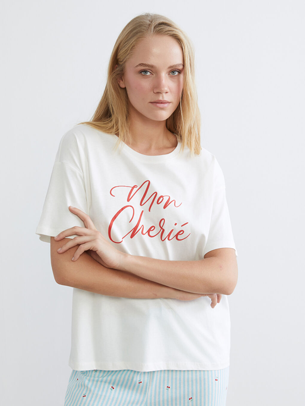 Mavi Bisiklet Yaka Baskılı Kadın Pijama Takımı-1