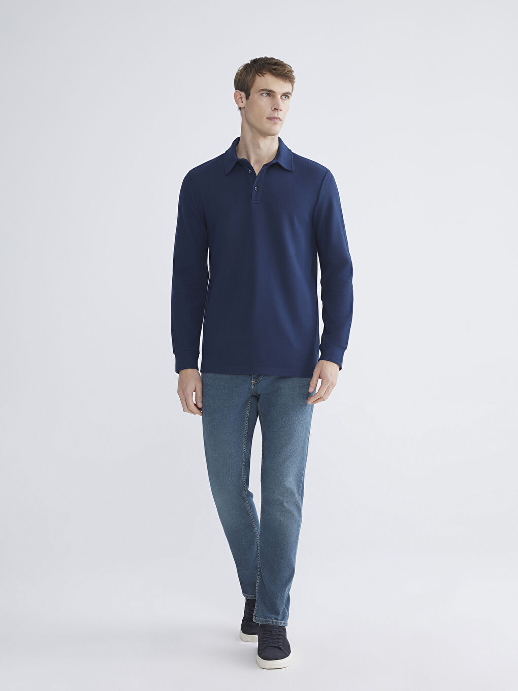 Lacivert Polo Yaka Uzun Kollu Erkek Tişört-1