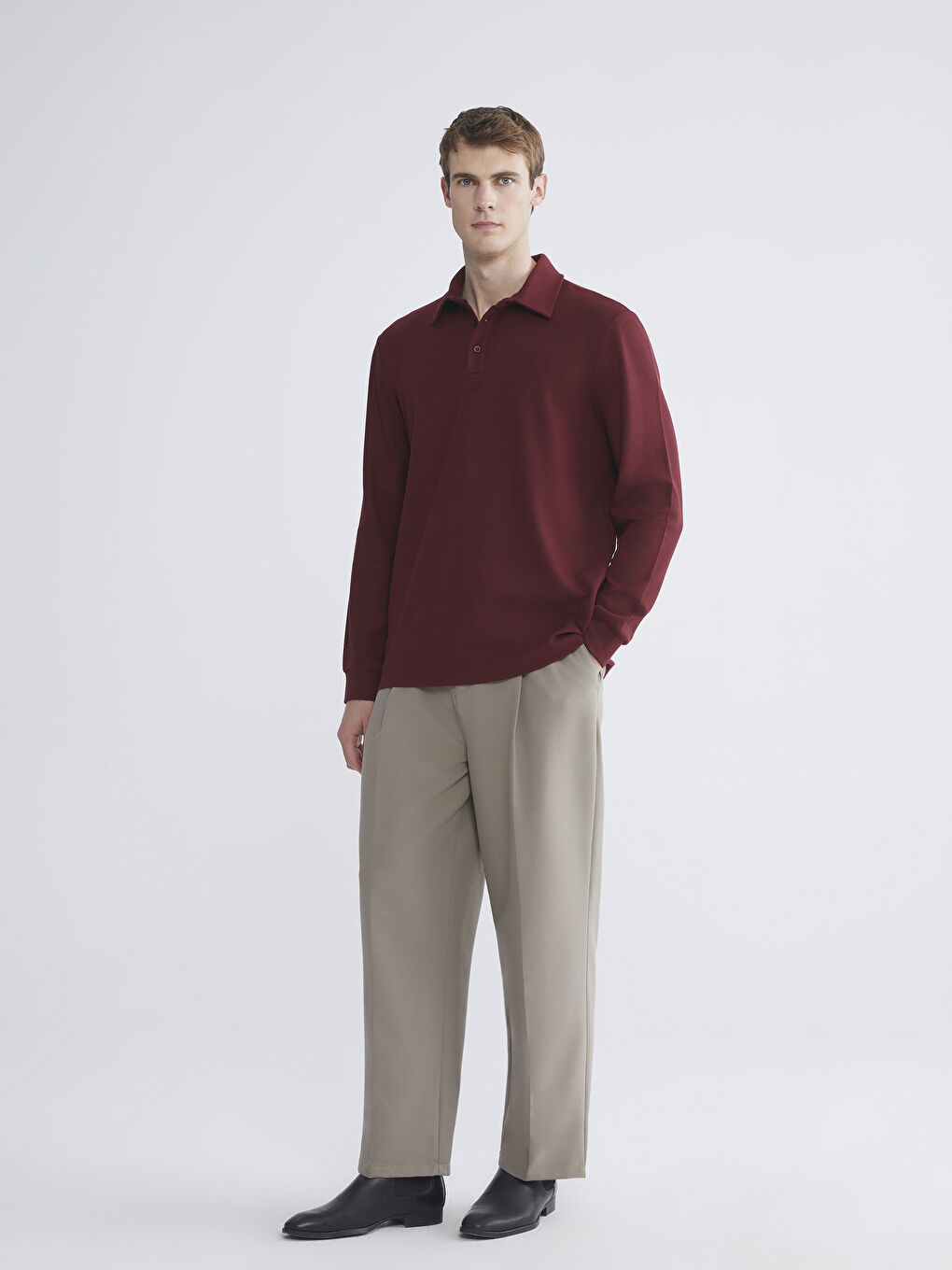 Bordo Polo Yaka Uzun Kollu Erkek Tişört-1