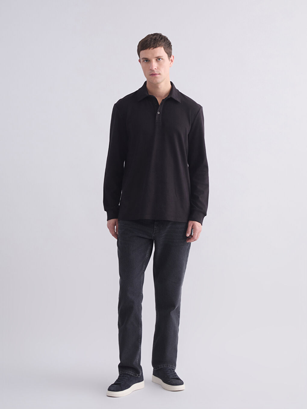 Siyah Polo Yaka Uzun Kollu Erkek Tişört-1