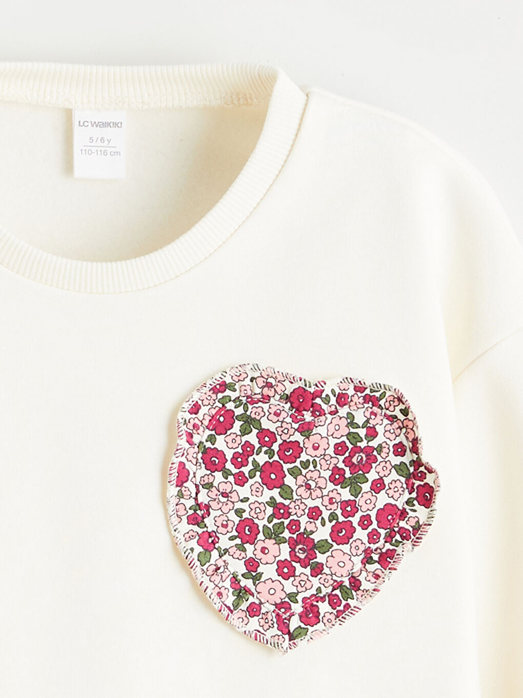 Ekru Bisiklet Yaka Çiçekli Kız Çocuk Kalın Sweatshirt-3