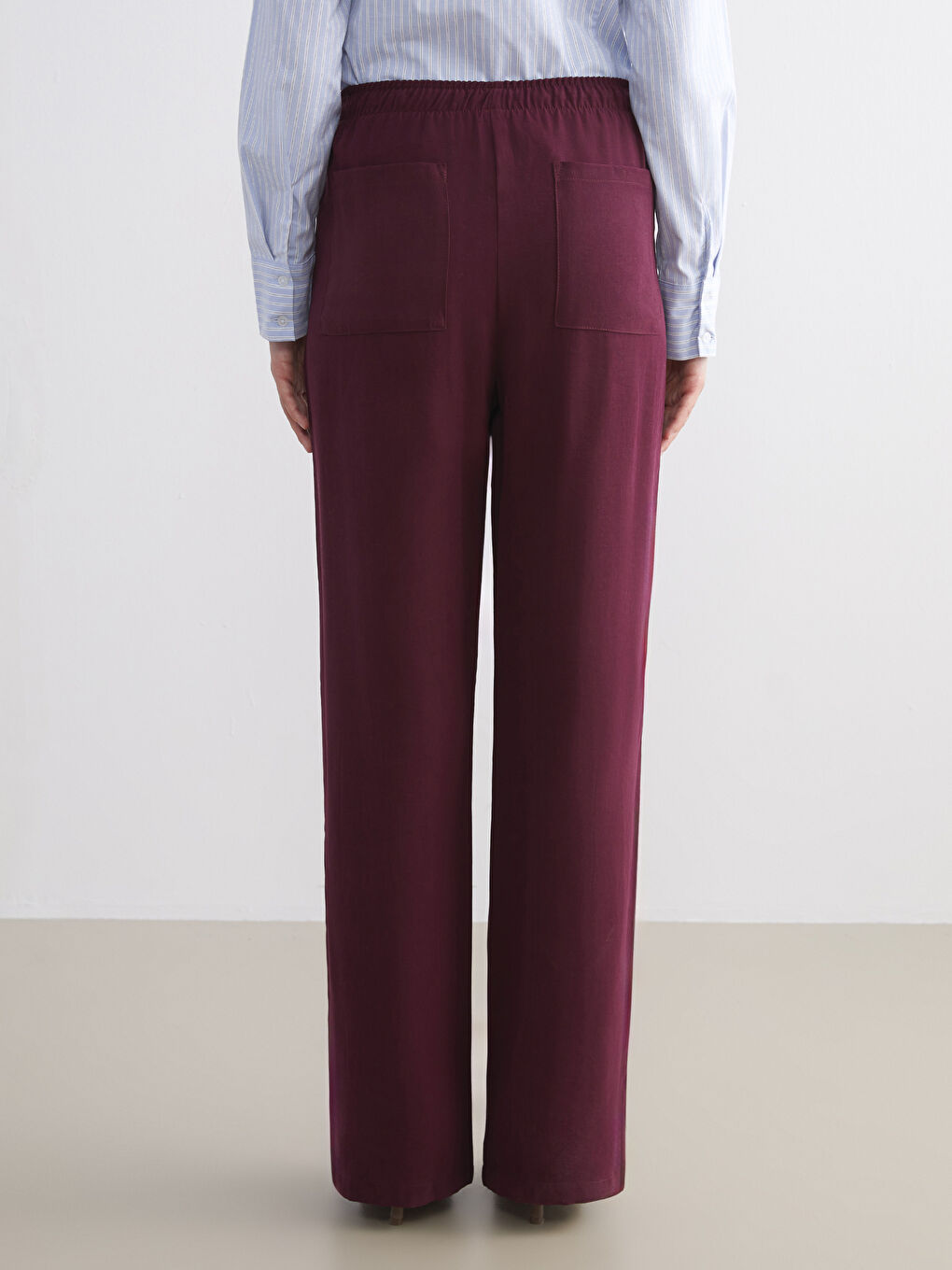 Bordo Beli Lastikli Geniş Paça Kadın Pantolon-3