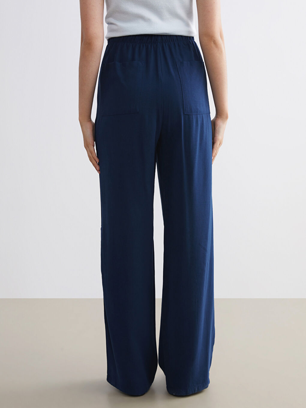 Lacivert Beli Lastikli Geniş Paça Kadın Pantolon-3
