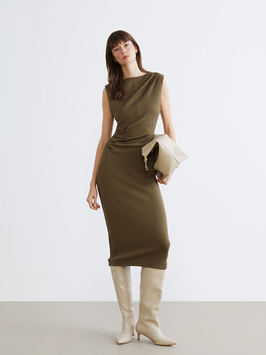 Haki Bisiklet Yaka Büzgülü Elbise-1