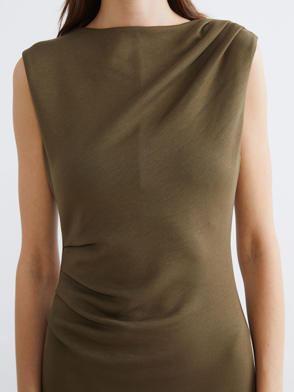 Haki Bisiklet Yaka Büzgülü Elbise-2