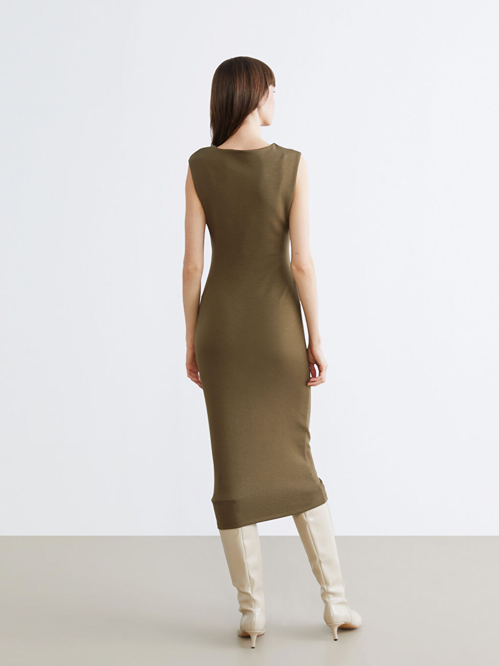 Haki Bisiklet Yaka Büzgülü Elbise-3