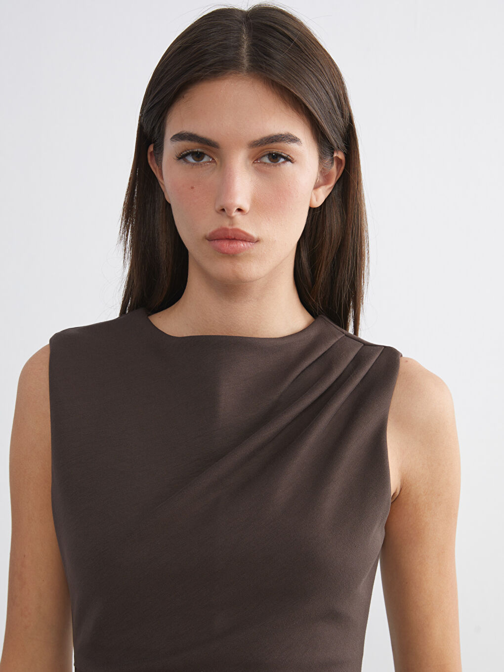 Kahverengi Bisiklet Yaka Büzgülü Elbise-2