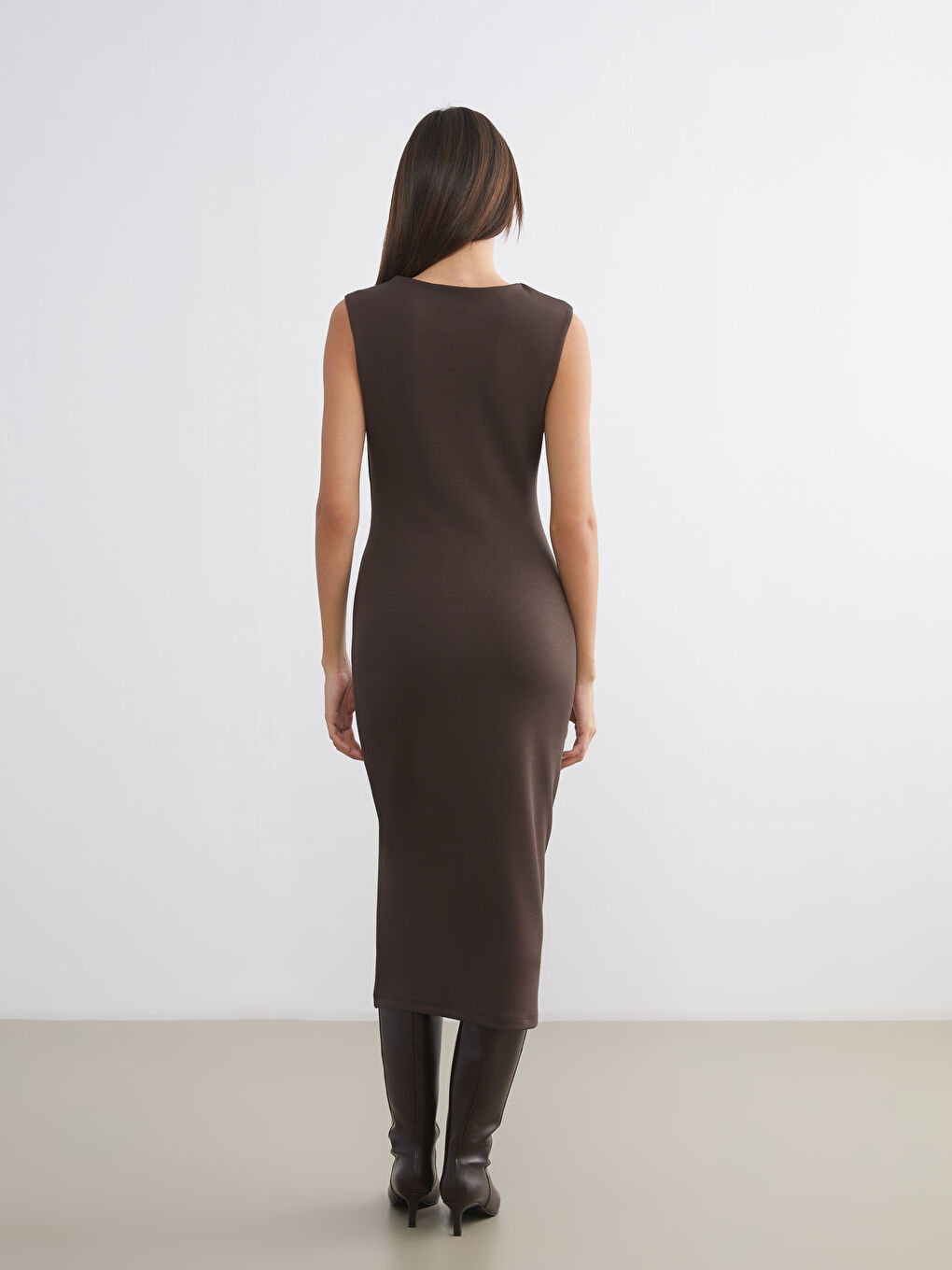 Kahverengi Bisiklet Yaka Büzgülü Elbise-3